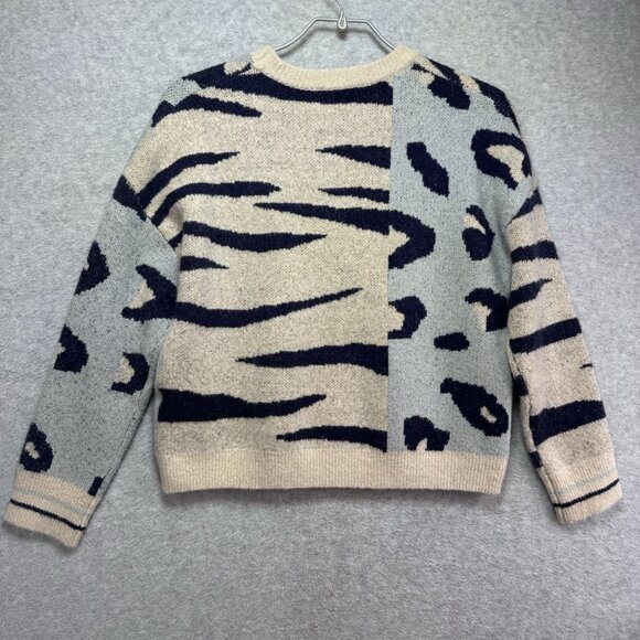 THML Anthropologie Sweater Womens Medium Animal Print Boho Blue Cream Stretch - Picture 2 of 8